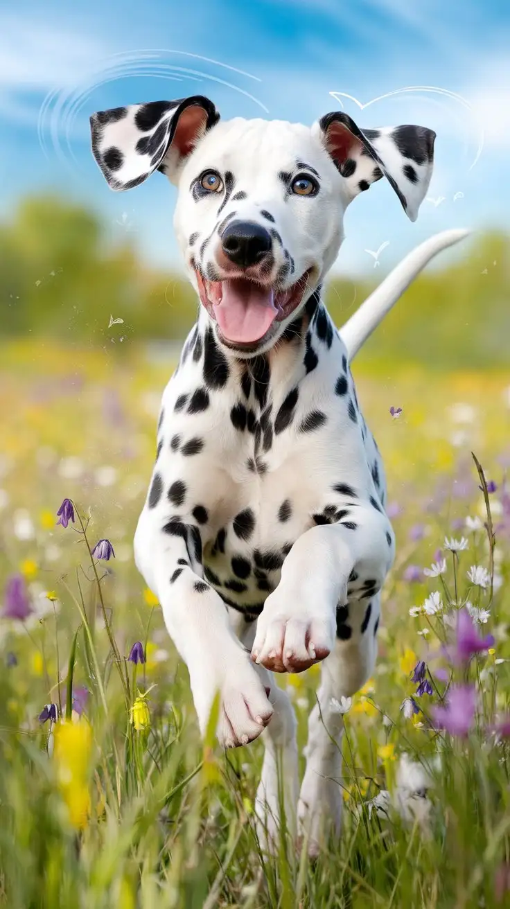 A playful Dalmatian puppy named Daisy leaping joyfully through a field of wildflowers. She has bright, intelligent eyes, distinctive black spots on a white coat, and a happy, open-mouthed smile. The background is a vibrant, sunny meadow with a clear blue sky. Capture her energetic and joyful spirit in motion. Style:  Whimsical, vibrant, energetic.