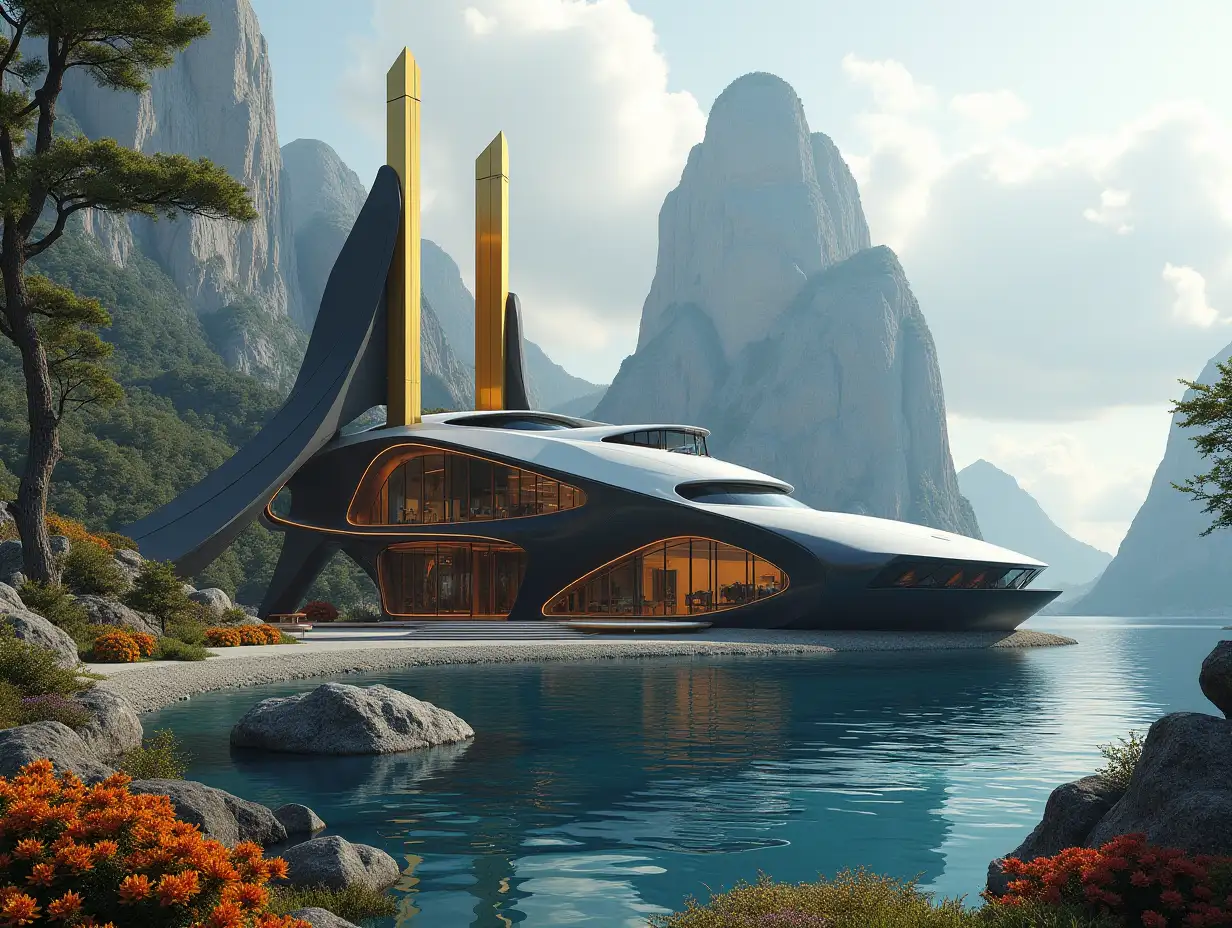 Create a high-resolution realistic image in 4k resolution of a futuristic gold and black building with curved pillars, mountains with big trees, rocks, flowers, a futuristic very large yacht with glass windows and a cloudy sky