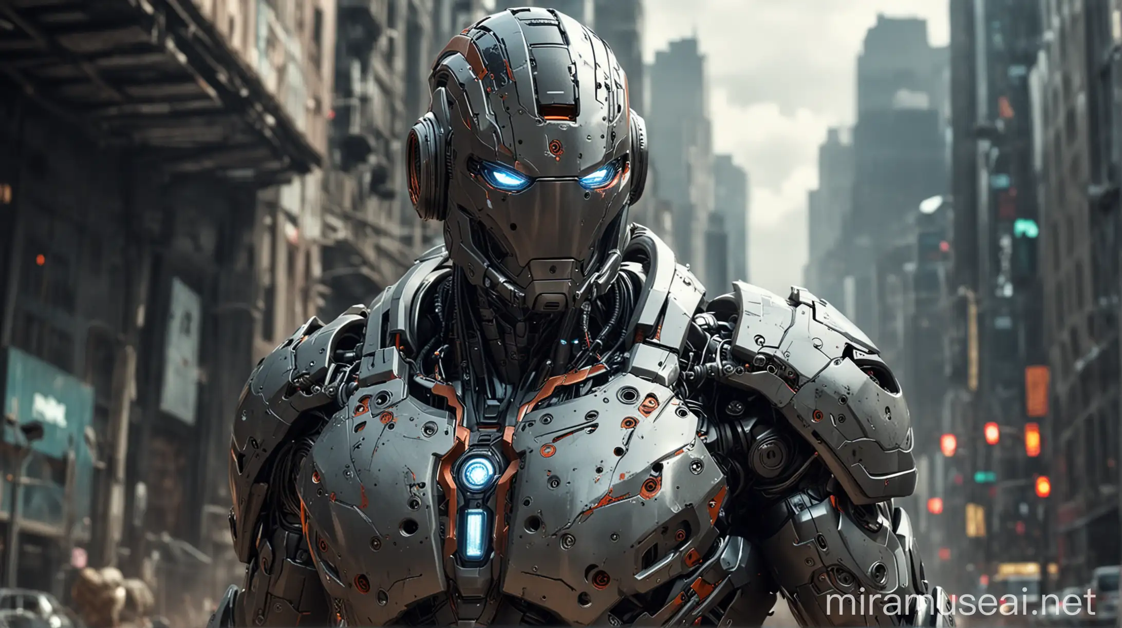 Futuristic Robot Superhero in HighTech Armor with Blurry Background