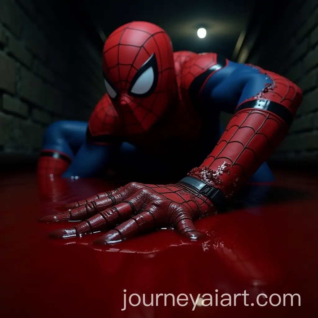 CloseUp-of-SpiderMans-Torn-Arm-in-Red-Liquid-in-Dark-Sewer