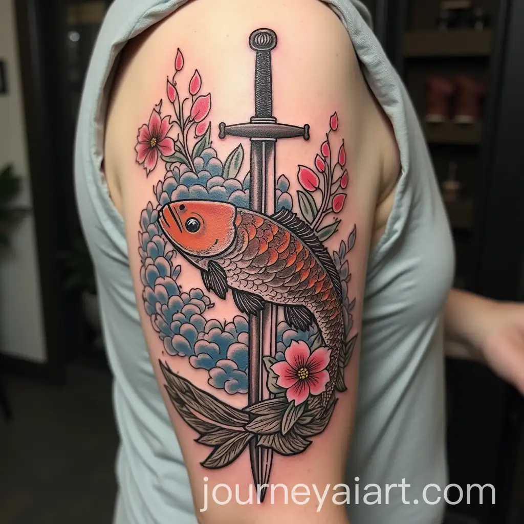 Japanese-Tattoo-Art-Featuring-Fish-Flowers-and-Sword-Elements