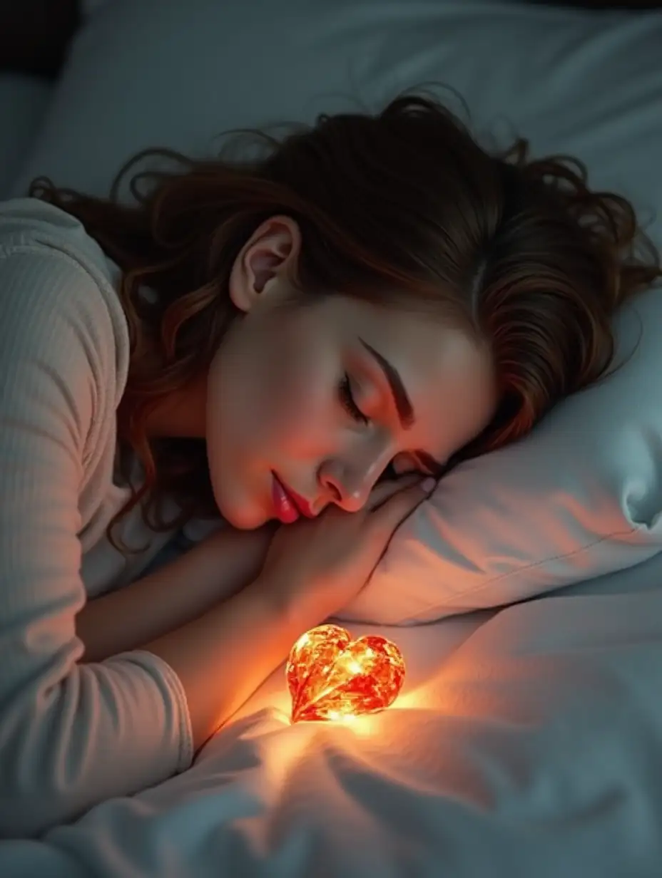 50YearOld-Woman-Sleeping-on-Bed-with-Crystal-Heart-by-Her-Head