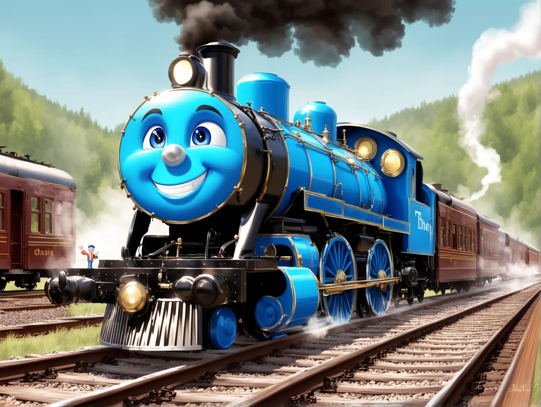 Bright Blue Robot with a Big Smile Chugging Along Tracks