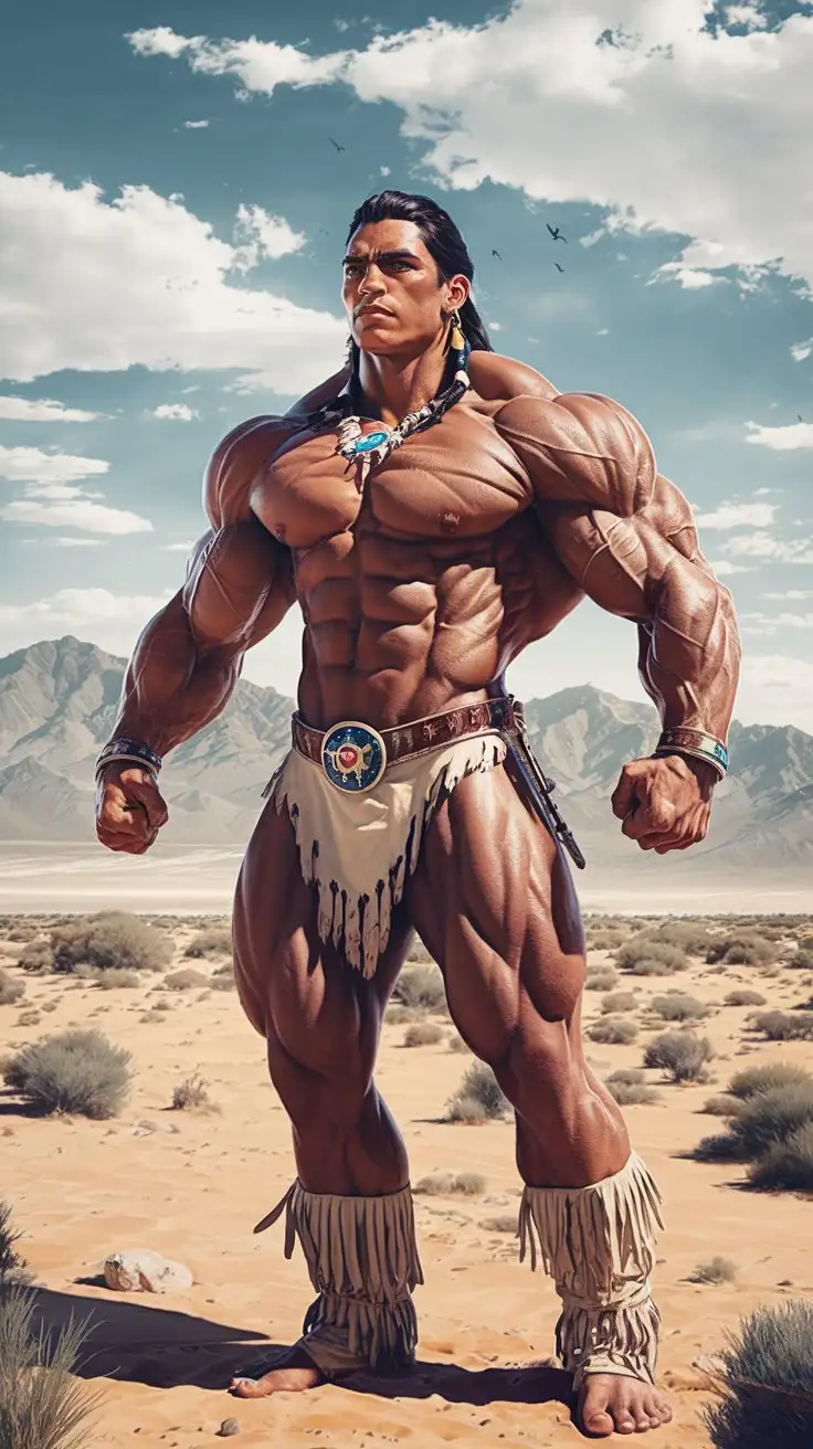 In the desert. Powerfully muscled, hugely ripped, pumped, Native American super warrior stands triumphantly, possesses awesome superpowers. 19 years old. Photorealistic.