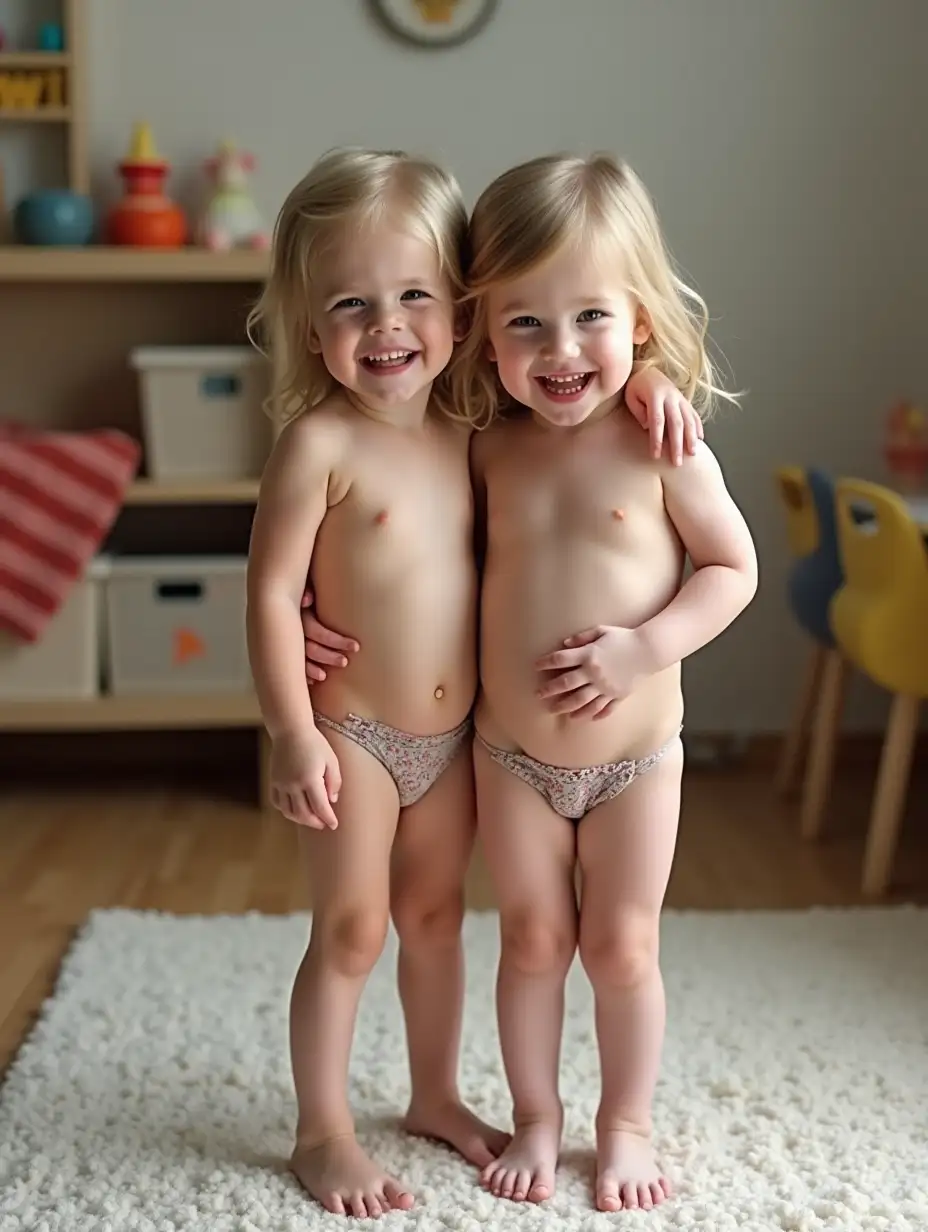 Two-Tiny-Girls-Cuddling-and-Laughing-in-Playroom-with-Bare-Feet