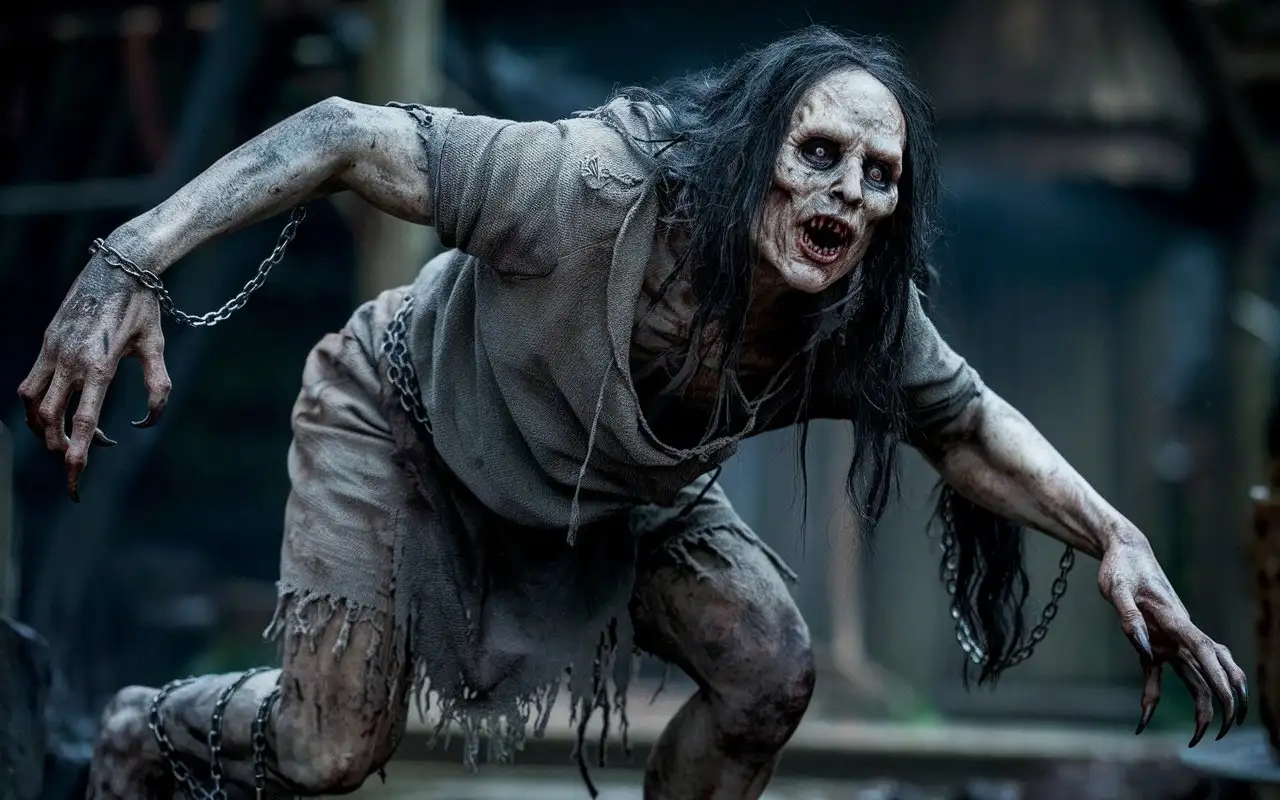 Here is a description of the character based on the image provided:

**Appearance:**

* The character looks like an emaciated or decaying humanoid, possibly a zombie or similar creature.
* The skin is pale and stained with blood or dirt.
* The face shows empty eye sockets and an open mouth with pointed teeth, as if he is shouting or growling.
 He has long black hair that looks dirty and matted.
* The hands are long and thin, with clawed nails.
 Chains are visible on the ankles, which indicates imprisonment or slavery in the past.

**Clothes:**

* The character's clothing is a simple coarse tunic that looks dirty and worn.

**Pose:**

* The character is on all fours, leaning forward as if ready to attack.
* His arms are outstretched, and his fingers are bent with claws, as if he is trying to grab someone.
 The pose conveys a sense of aggression and threat.

**Actions:**

* Judging by the open mouth and posture, the character is probably growling, screaming, or trying to attack.
 He looks extremely agitated and uncontrollable.

** Temperament:**

* The character radiates anger, rage, and fear.
* He seems to be cruel and merciless.
* In general, the character appears as an evil and dangerous creature.