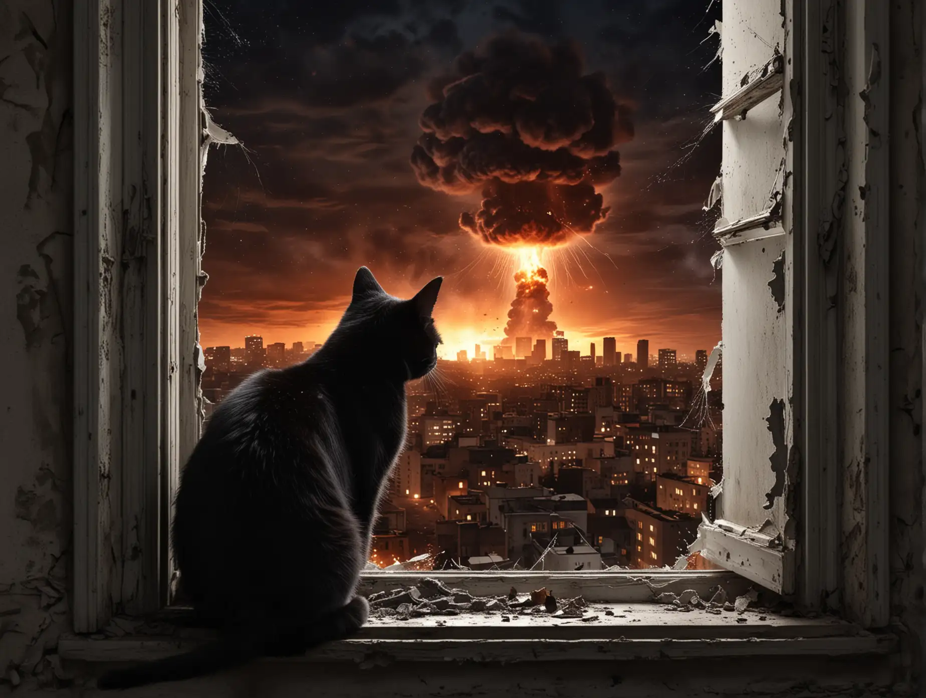 Black-Cat-Staring-Through-Broken-Window-at-Nuclear-Explosion-Over-Night-City