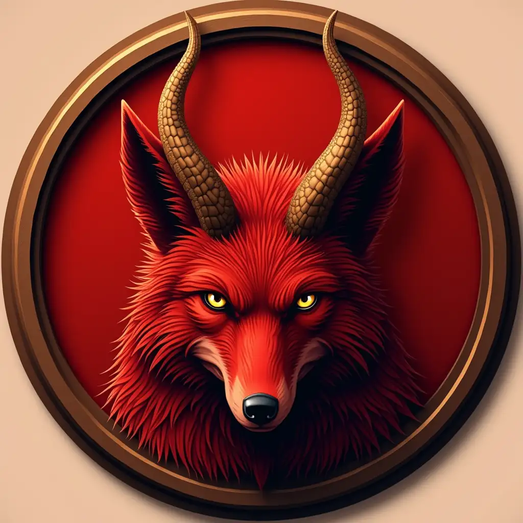 Realistic Red Coyote Demon Icon with Horns and Yellow Eyes