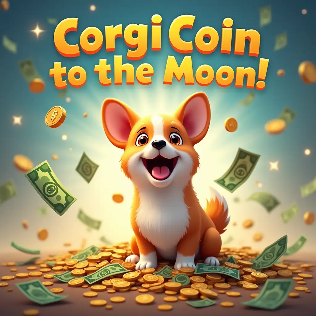 A happy and cheerful corgi sits in a pile of money, coins and bills are falling around him like rain. The corgi is smiling widely, its tail wagging happily. Background - bright, colorful scene with dollar signs and sparkling effects. Text 'CorgiCoin to the Moon!' is written in bold, playful font. Realistic style, with bright colors and positive mood. Aspect ratio 16:9, ultra-detailed, 4K resolution