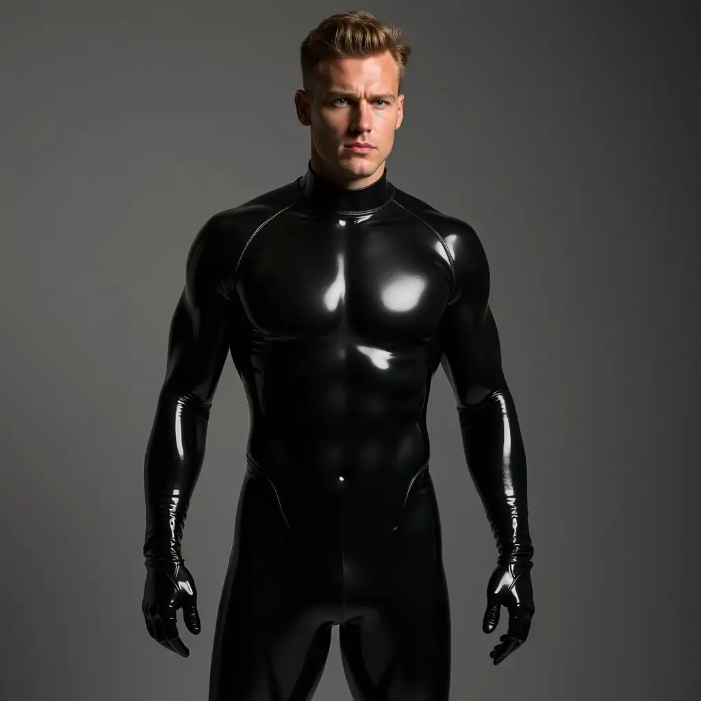 Man-in-a-Tight-Black-Latex-Bodysuit-Posing-for-a-Fashion-Shoot