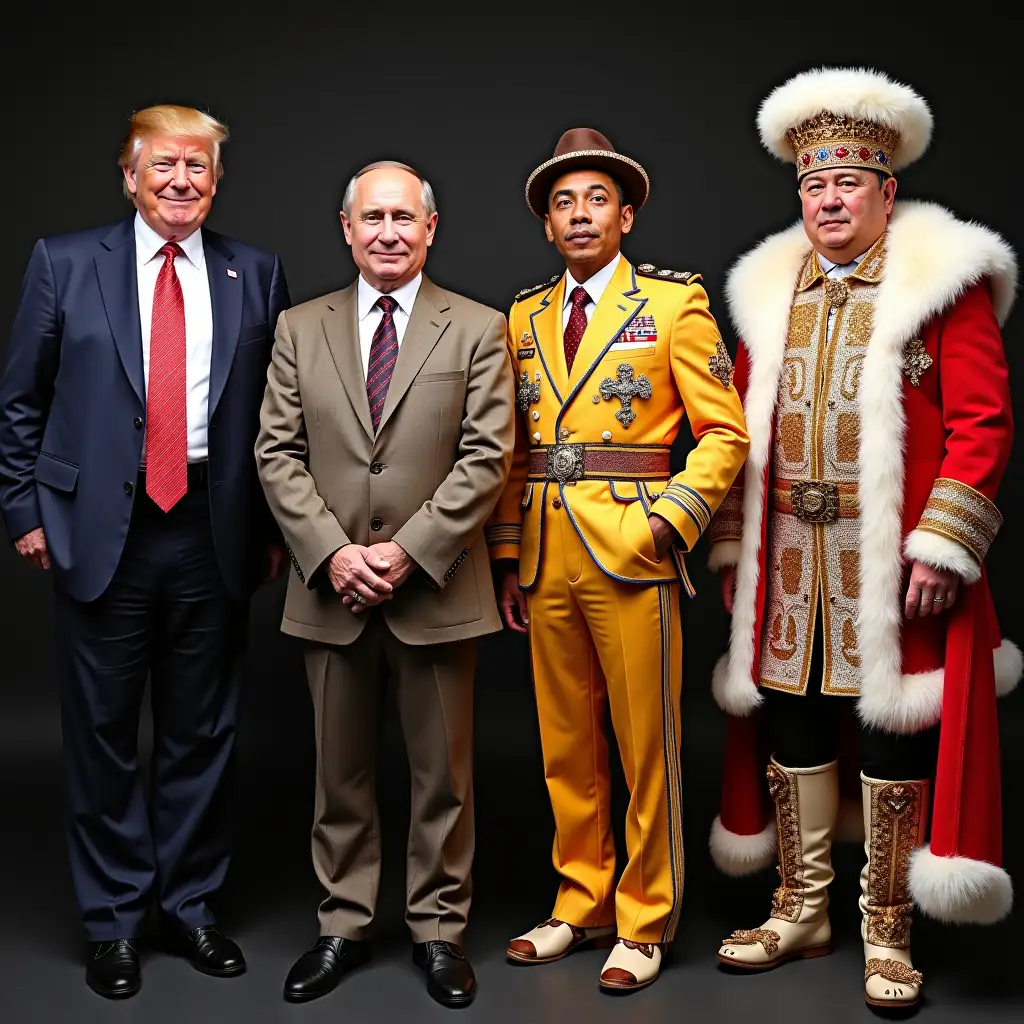 Donald Trump, Boris Johnson, Vladimir Putin, Barak Obama, Kim Jong Un and King Charles III dressed as 1970s band The Village People.