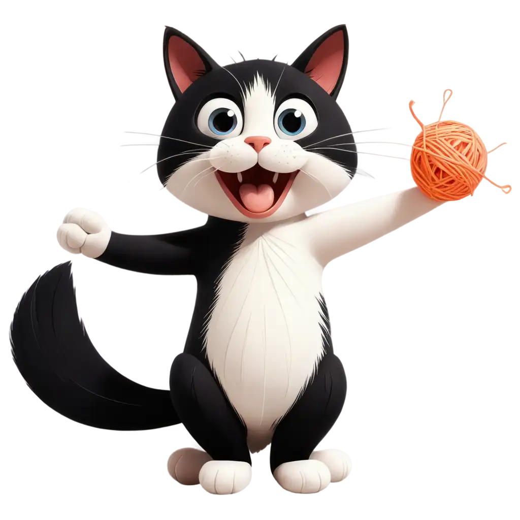 Happy-Black-and-White-Cat-Playing-with-Yarn-PNG-Image-Cartoon-Design