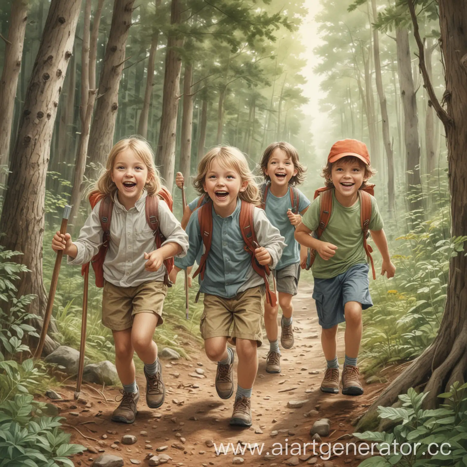 Happy-Children-Hiking-Adventure-in-Forest