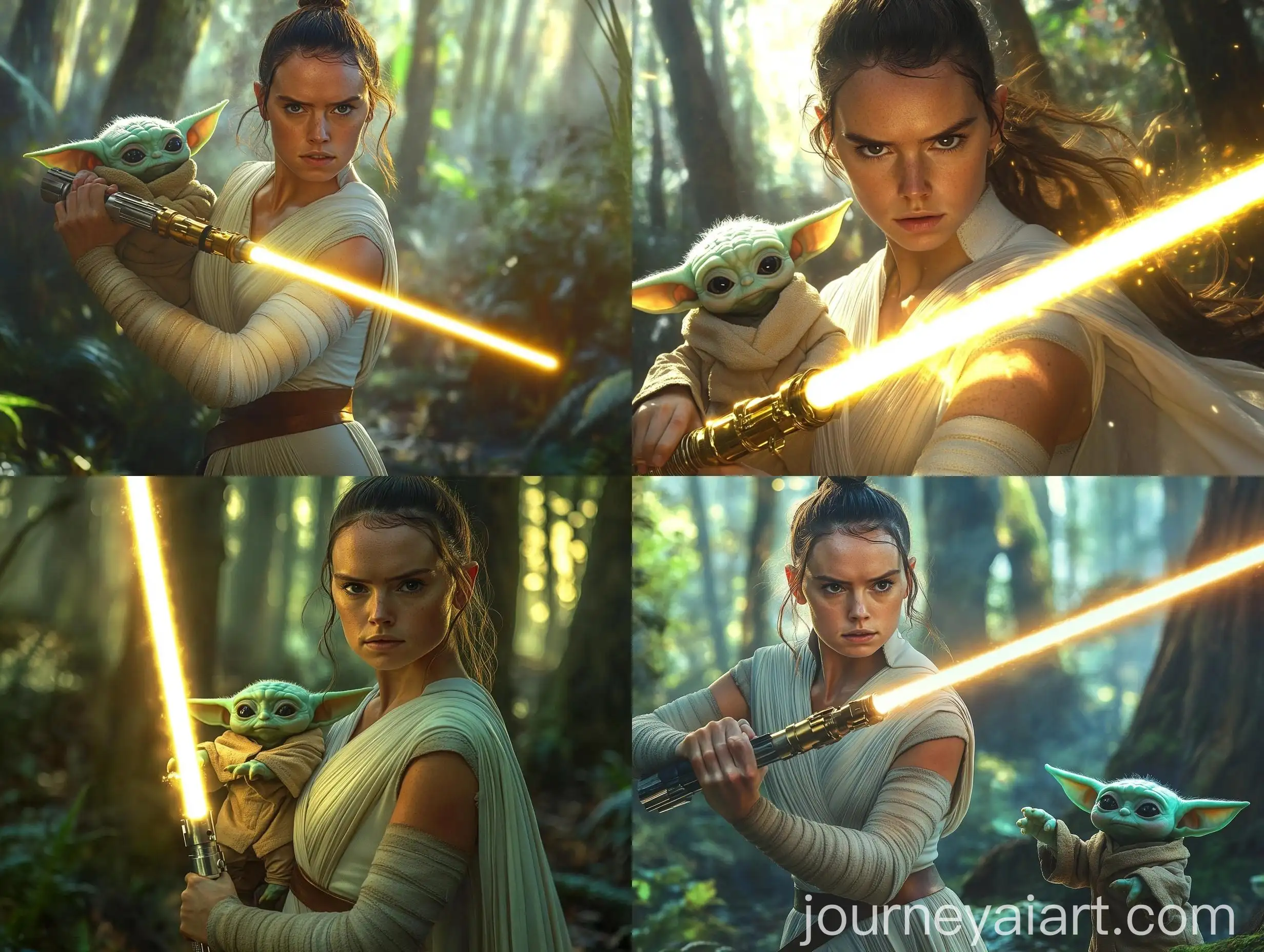 Rey-Skywalker-with-Long-Hair-and-Baby-Yoda-in-Forest-Scene