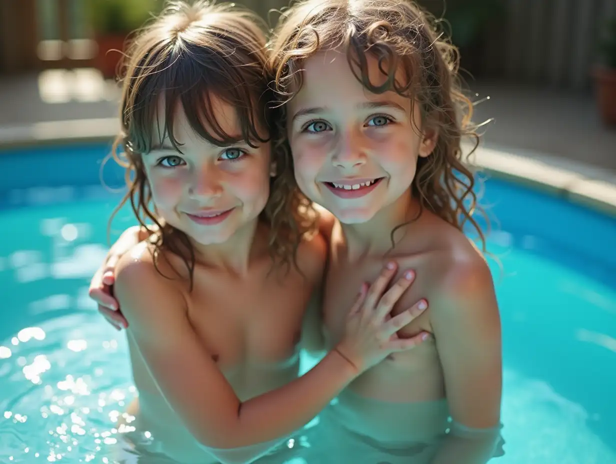 Two-Little-Girls-Playing-in-a-Childrens-Wading-Pool-with-Shiny-Bare-Skin