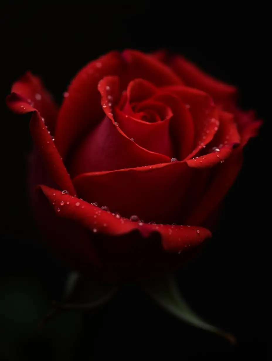 Red rose, with a lot of water droplets on the petals, close-up side view, in dark key