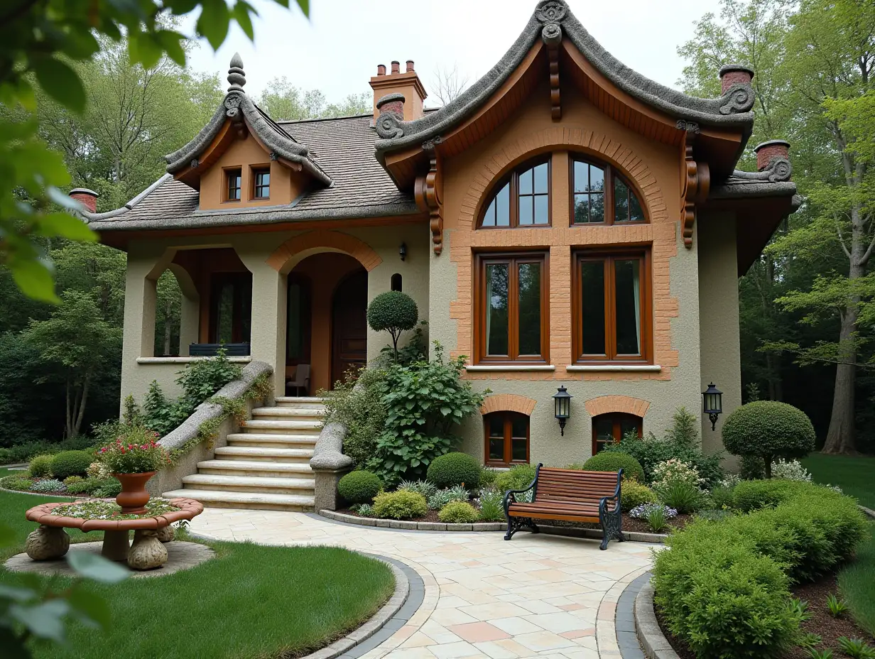 crooked house garden planting-with stucco in the form of plant ornaments, large windows with glass closed, curved, smooth window shapes, winding large entrance steps made of marble Complex curved roof with dike,Lanterns,bench apple tree 4K resolution Colorful superwide-angle shots