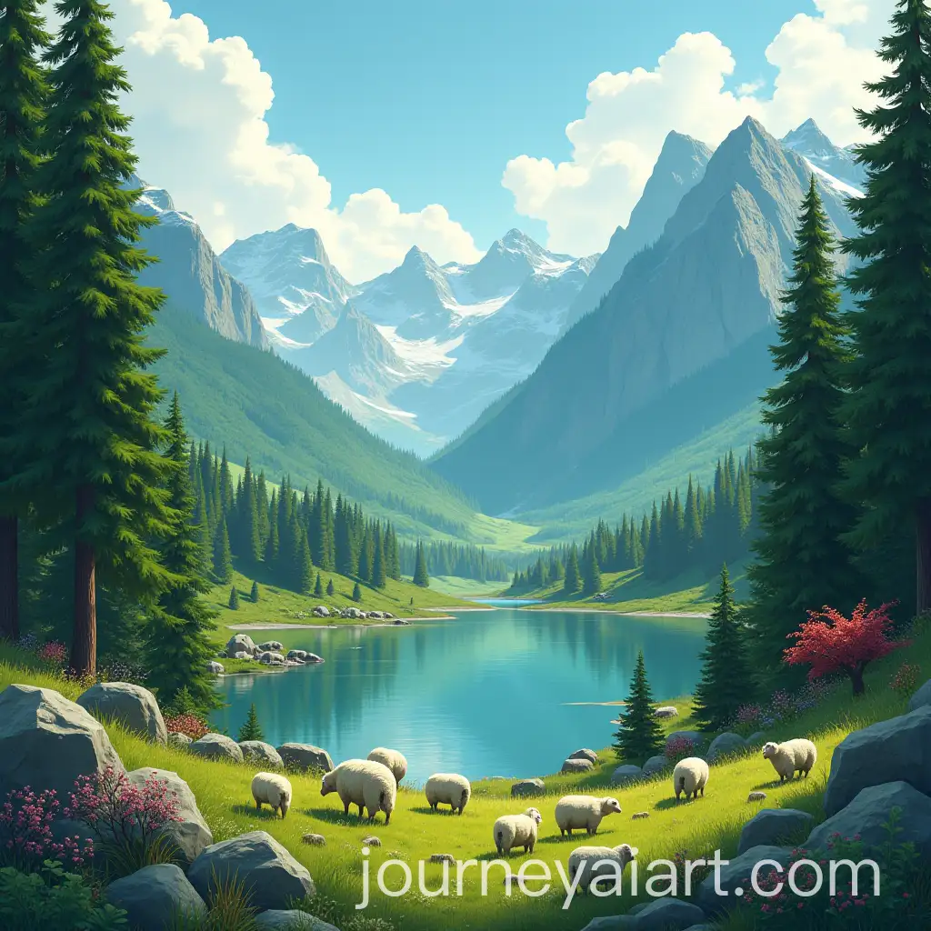 Green-Vertical-Mountains-with-Colorful-Trees-Lakes-Women-and-Sheep