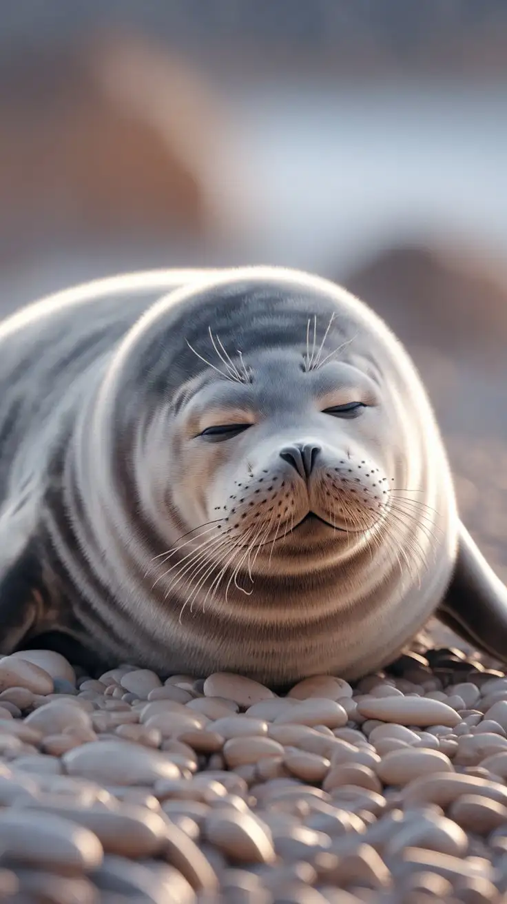 A close-up portrait of a harbor seal, realistic style, soft grey fur, eyes gently closed in peaceful sleep, nestled on a bed of smooth warm-toned pebbles, head slightly tilted, relaxed whiskers, gentle sunlight casting soft shadows, shallow depth of field, blurred coastal background, serene, calming, adorable, cute, high resolution, 8k --ar 1:1 --style raw --v 6