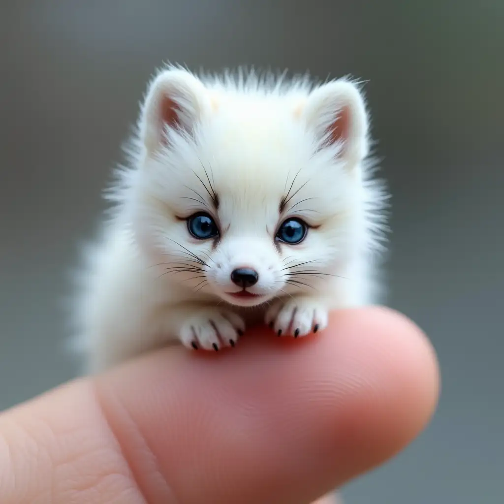 Adorable-Micro-Arctic-Fox-Perched-on-Finger-with-Blue-Eyes-and-Fluffy-Coat