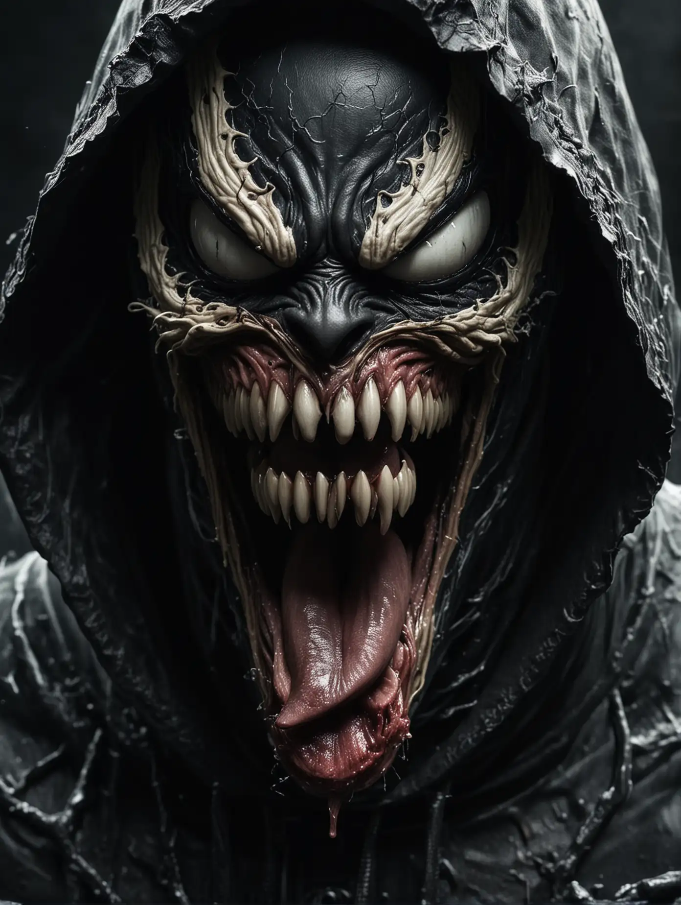 Man-in-Hood-Transforming-into-Venom-with-Tongue-Out-and-Enraged-Expression