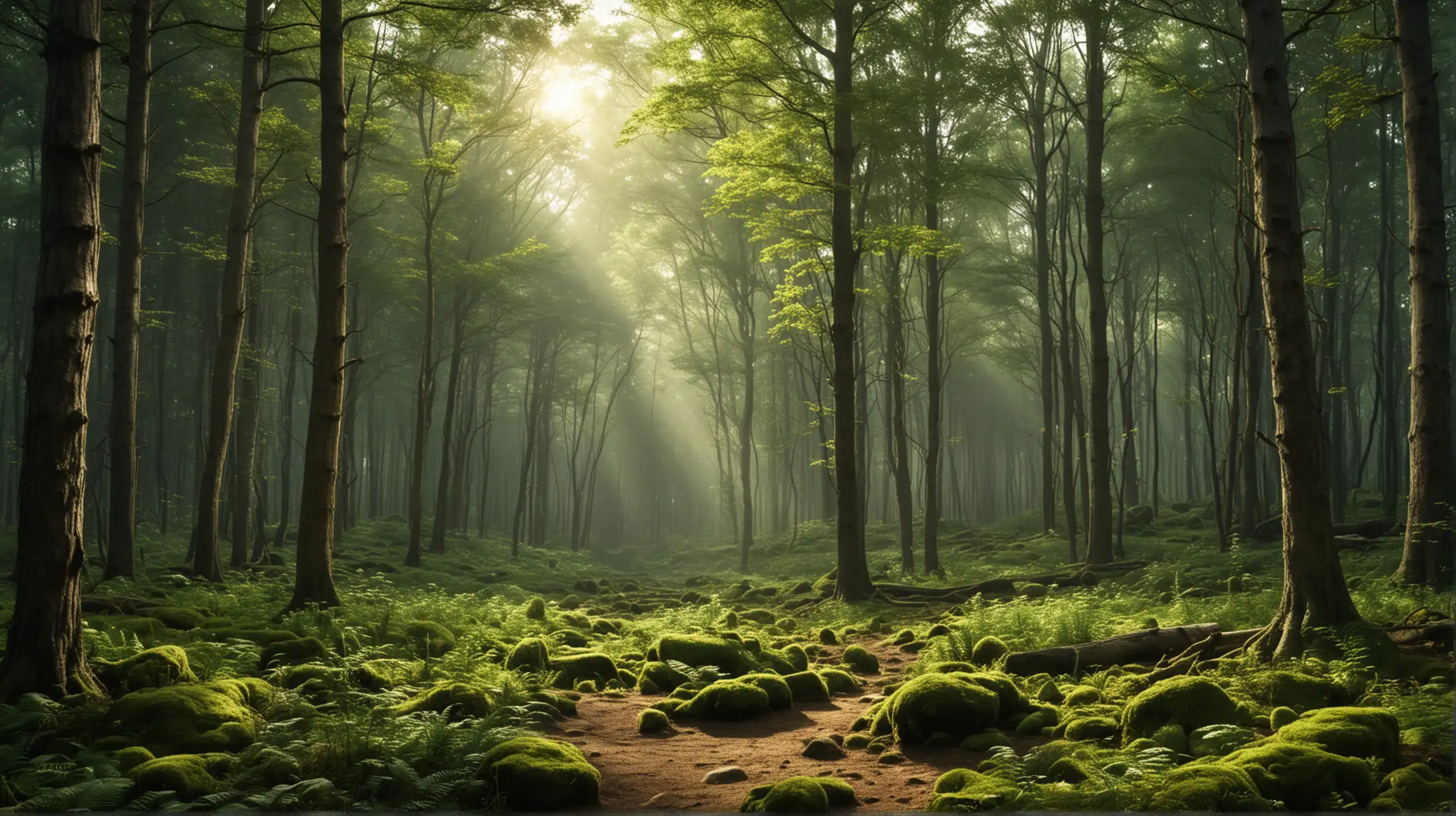 Enchanted Forest with Sunlight Filtering Through Trees