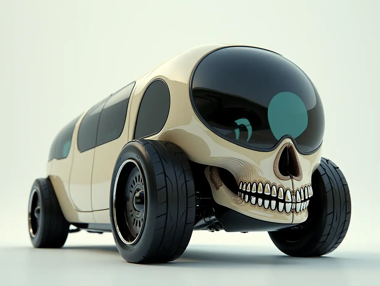 Supermodern utopian sports omnibus lowered body with skull, aluminum wheels, wide tires, cream black science fiction