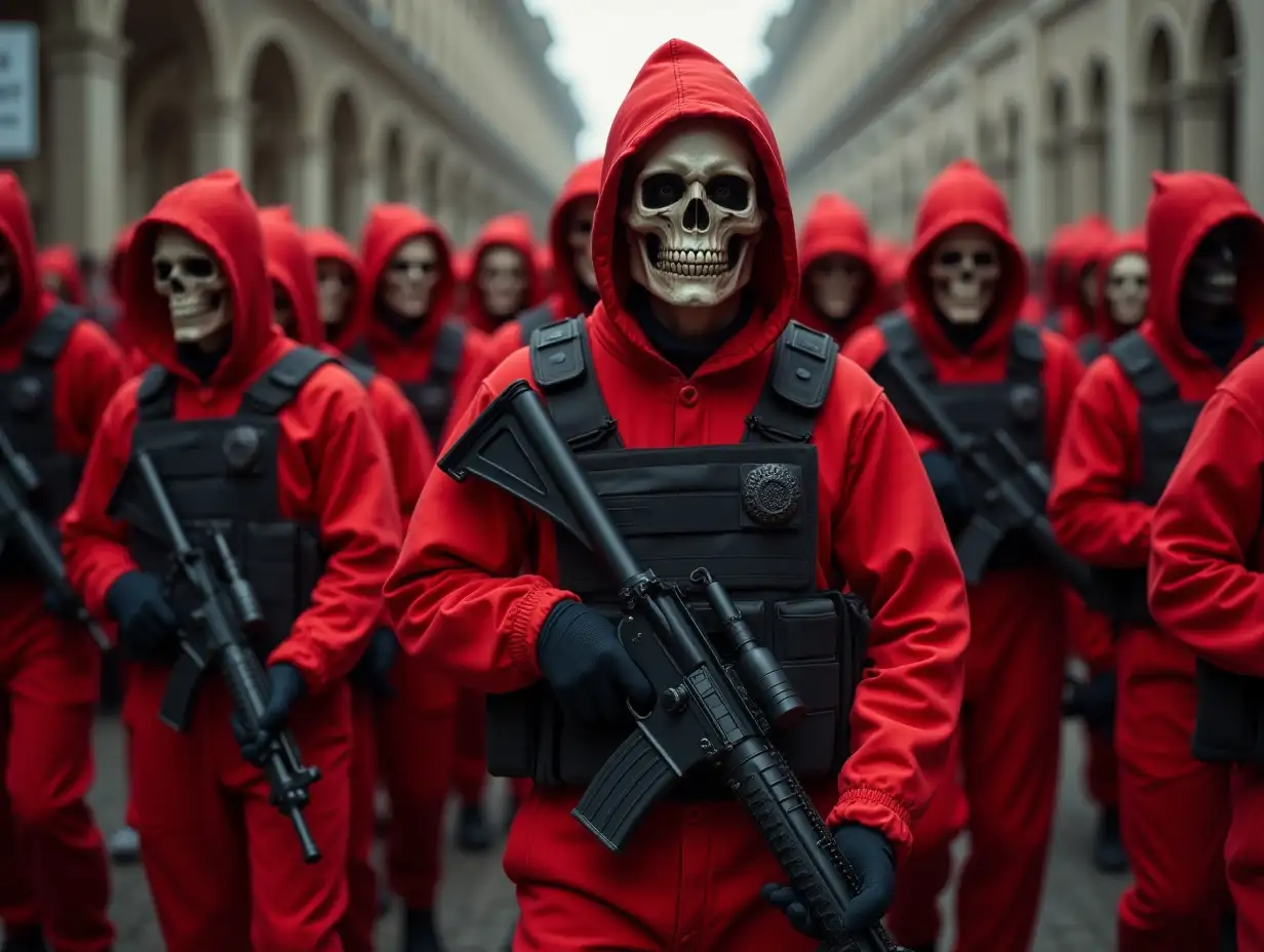 Hundreds of Psychopaths with red jumpsuits, rifles, bulletproof vests and skull masks