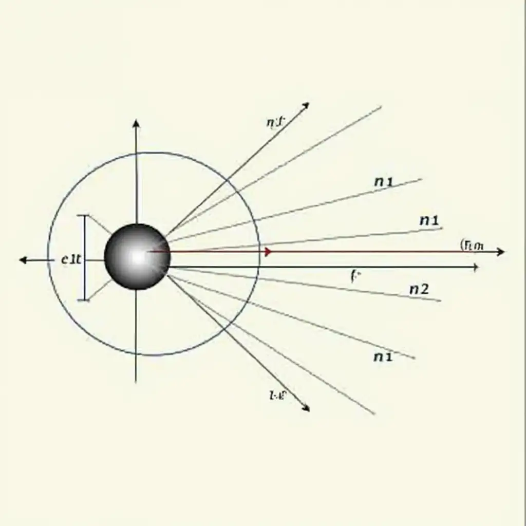 Diagram of a lens with light bending: Describe and draw a scheme with a thin lens. Show the ray falling on the lens with an angle (θ1), and the refracted ray with an angle (θ2). The scheme should include focal distance (f) and distances to the object (d_o) and image (d_i). Tool: Use a lens with focus and two rays, one falling on the lens, another after refraction.