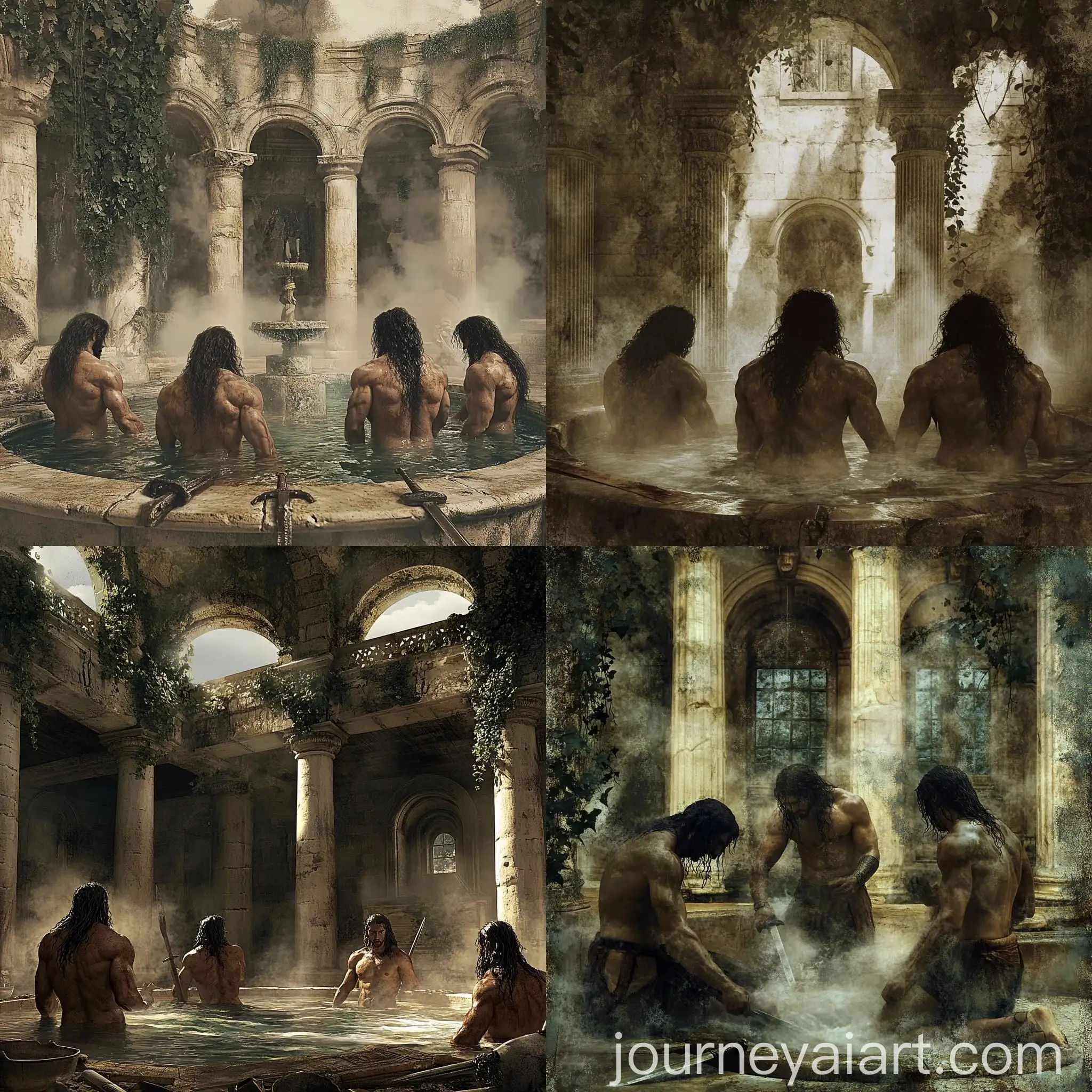 Ancient-Spartan-Warriors-Bathing-in-Steaming-Water-with-Swords-and-Pillars