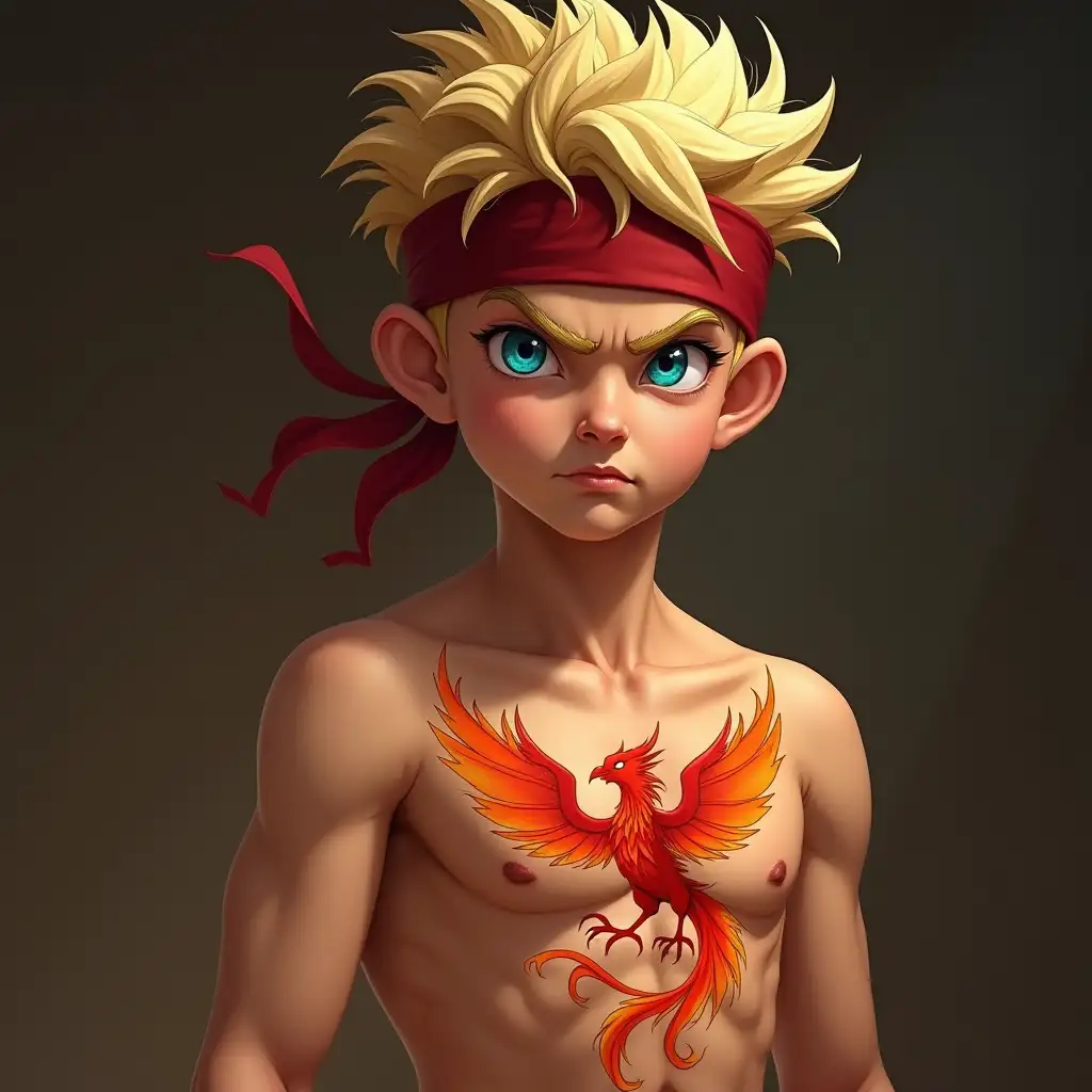 Tough-11YearOld-Boy-with-Fiery-Phoenix-Tattoo-and-Red-Headband