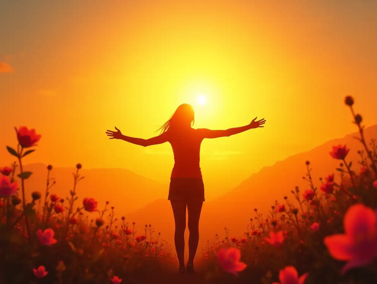 A glowing silhouette of a person standing with arms wide open under a radiant sunrise, surrounded by blooming flowers and vibrant colors of orange, pink, and yellow. The scene symbolizes unfiltered joy and harmony with nature.