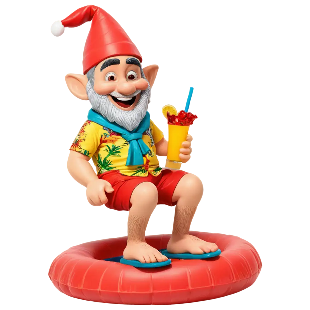 A gnome in a red hat and yellow Hawaiian shirt wearing flip flops that is floating in an inner tube and drinking a cocktail from a pineapple