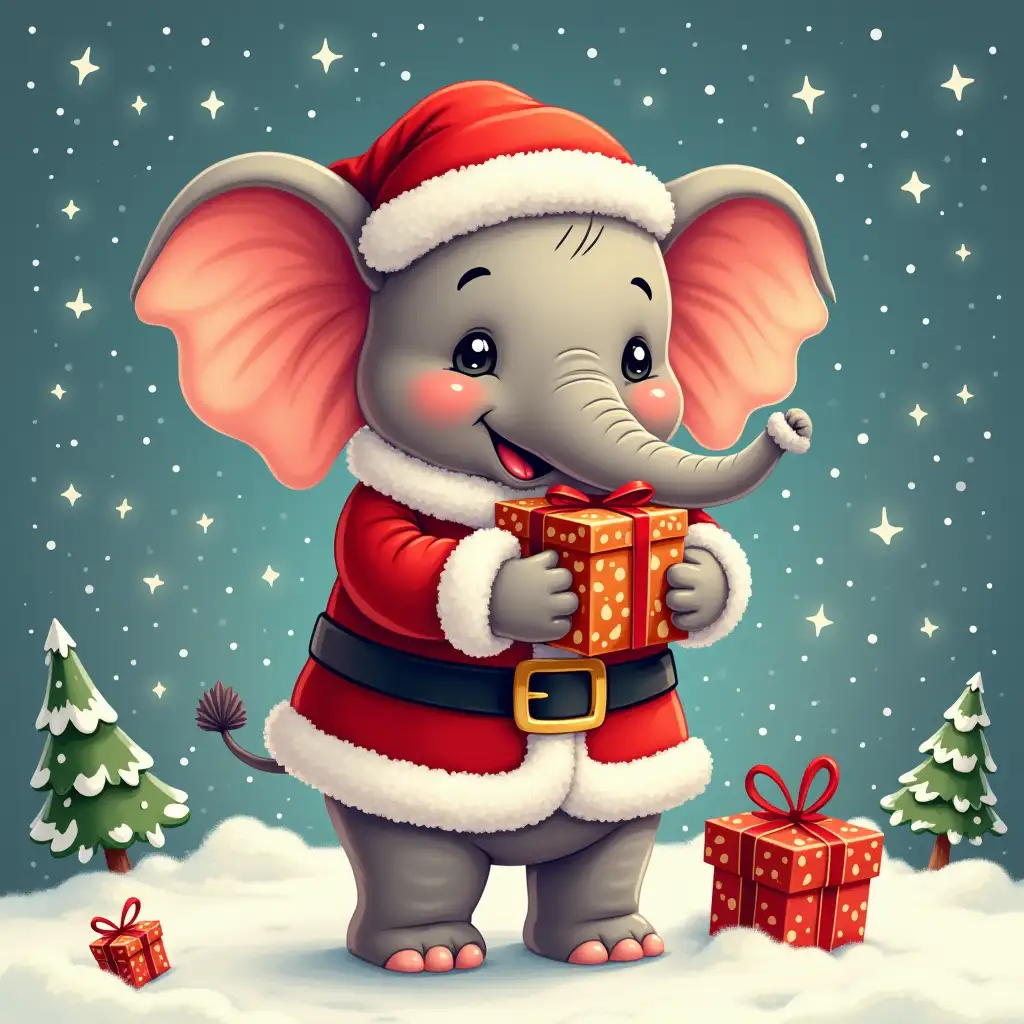 Draw a red elephant in a santa claus suit with a gift on the festive new year's background.