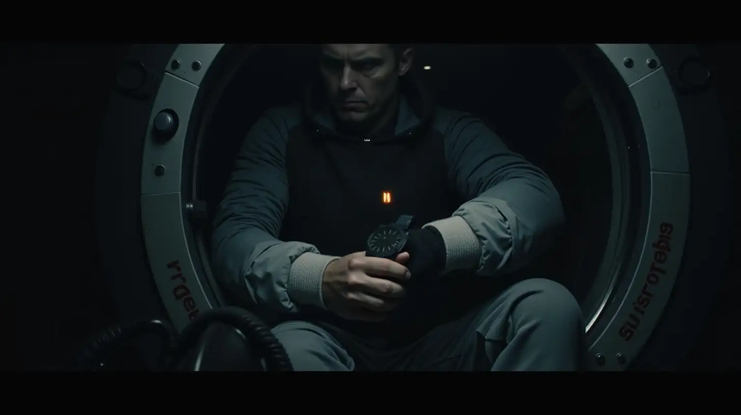 The interior of the escape pod, showing the astronaut shoving his covered watch under some loose equipment. The glow of the watch leaks faintly through the fabric, and the atmosphere feels heavy and tense.