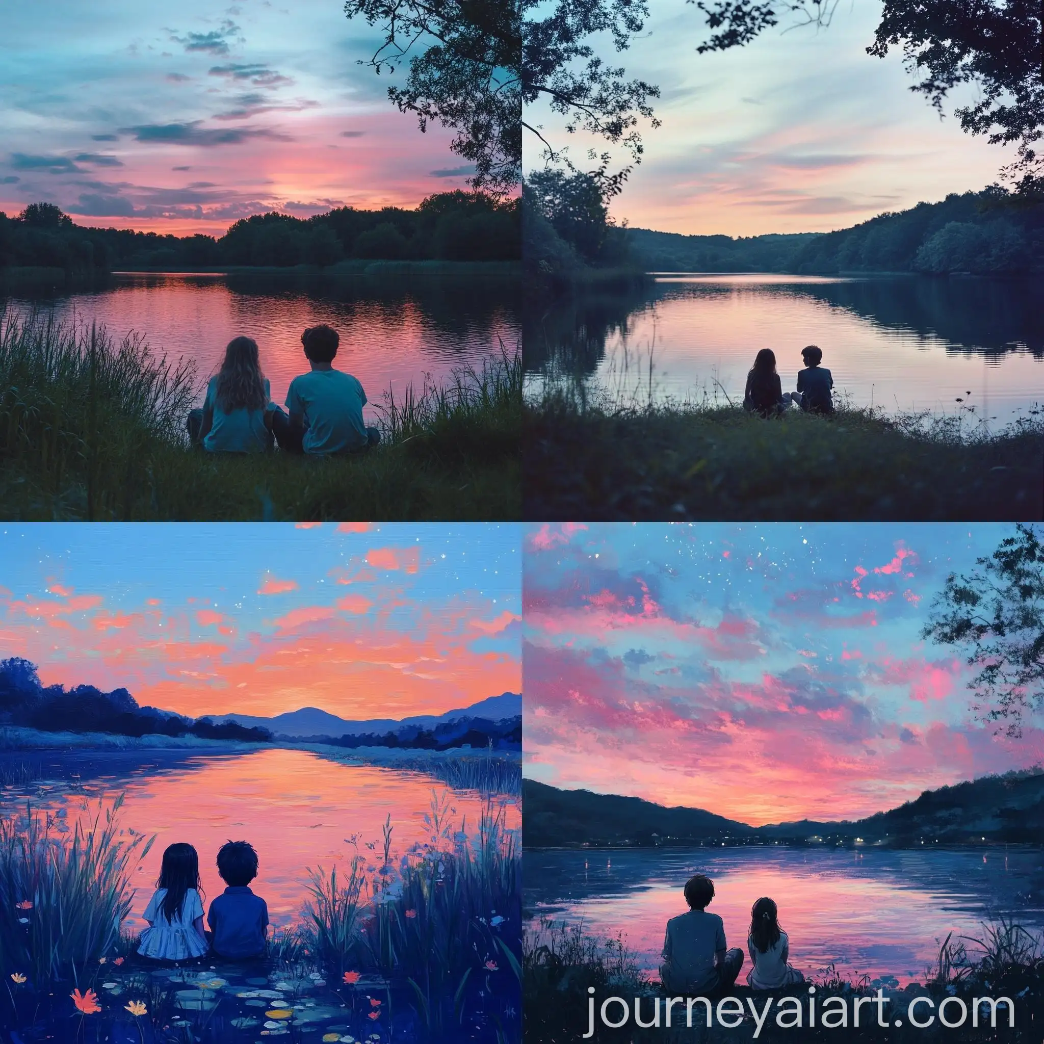 Children-Watching-Sunset-by-Lakeside