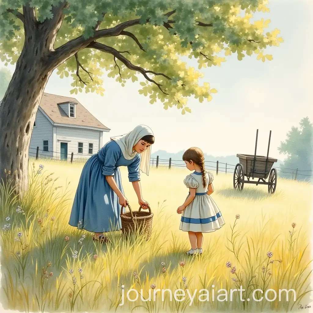 VictorianEra-Watercolor-Painting-of-Rural-Countryside-with-Figures-in-Pastoral-Setting