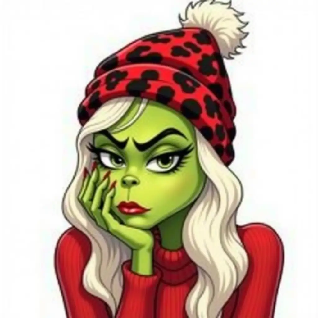 Modern Female Grinch Character in Red Sweater and Leopard Print Beanie