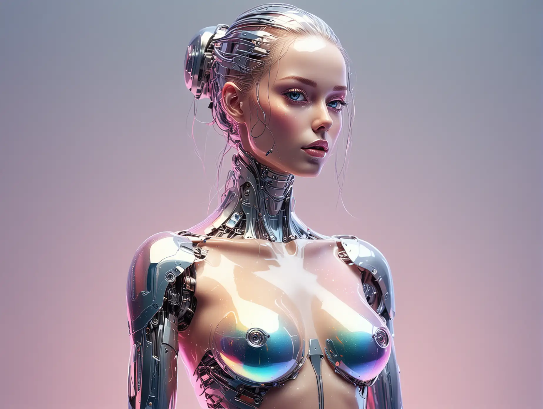 illustration sexy naked robot girl made of bright iridescent glass.
