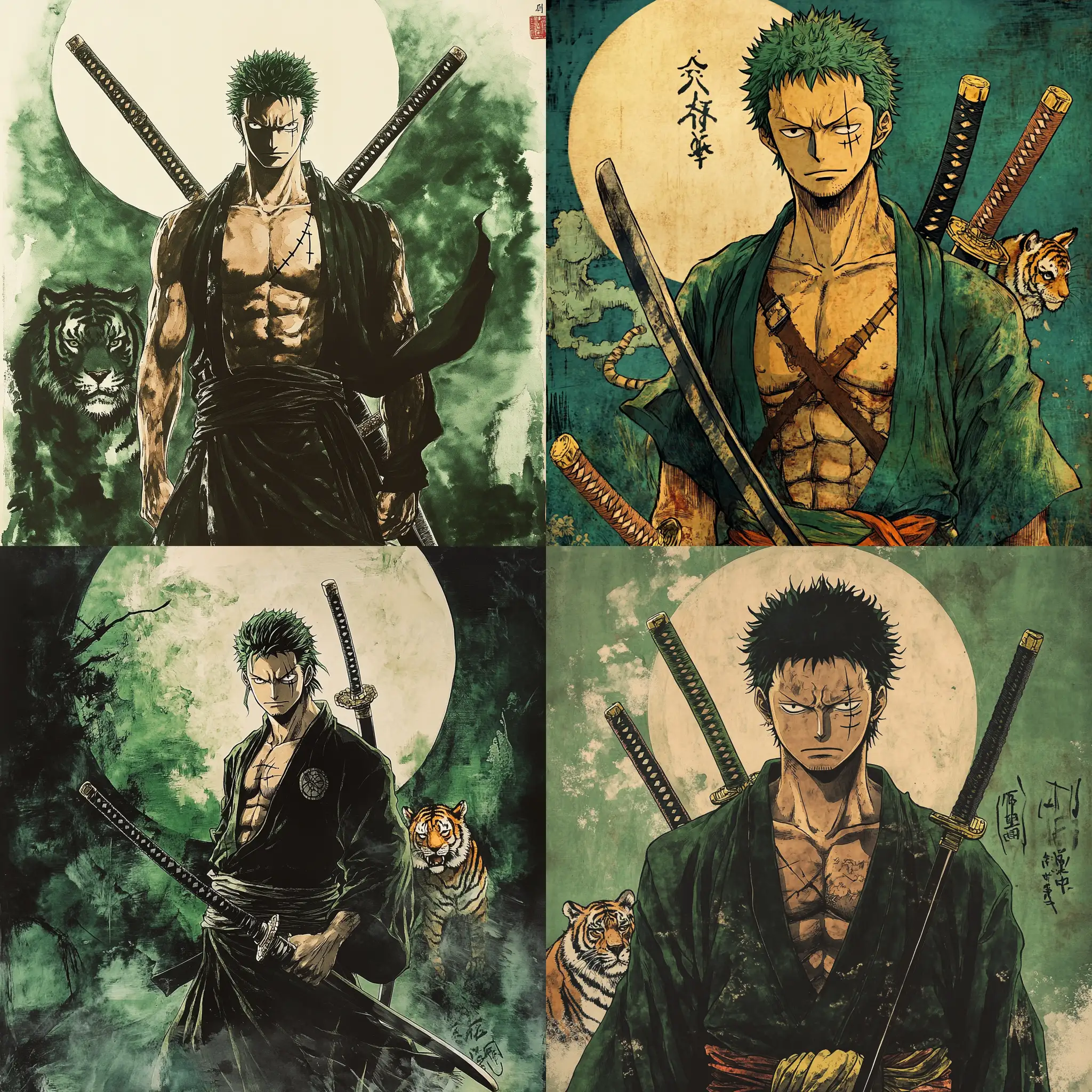 Roronoa-Zoro-Three-Swords-Sumie-Ink-Poster-with-Moon-and-Tiger