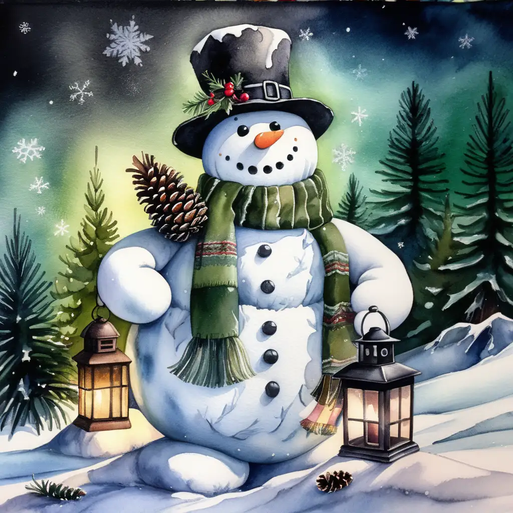 Festive Snowman with Vintage Lantern and Christmas Decorations