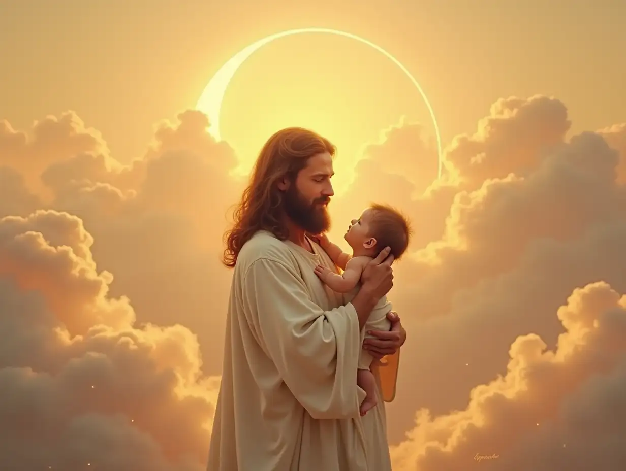 Man-with-Long-Hair-Embracing-Baby-in-Celestial-Setting-with-Golden-Sunset-and-Crescent-Moon