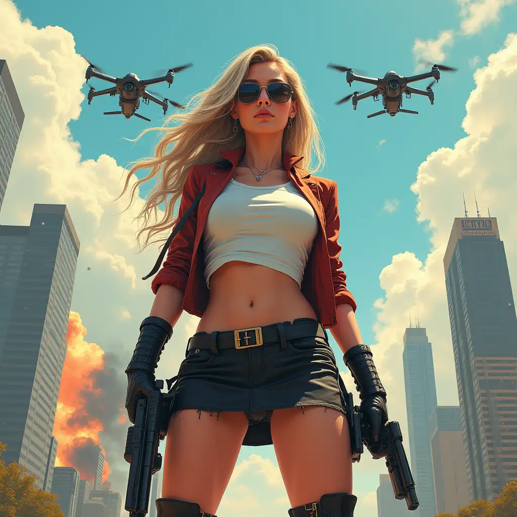 Wide-angle digital painting, (Beautiful large breast woman in stylish school uniform, extreme midriff showing, short skirt, combat boots, and sunglasses : 1.3), Triangular composition, Dynamic full-length pose, Confident expression, (Armed mercenary: 1.3), Gun grip, Supporting pose, City background, Skyscrapers in the distance, nuclear explosion in extreme distance, two small targeting drones above, (Bright sunlight: 1.2), Sharp contrasts, Bold colors, Clear details. female mercenary in cool cyberpunk style in colorful fantasy style, realism, post-apocalyptic landscape, cartel, bald rod, oil painting, rod Nostalgia, strong emotions, low angle, high detail, sharp focus