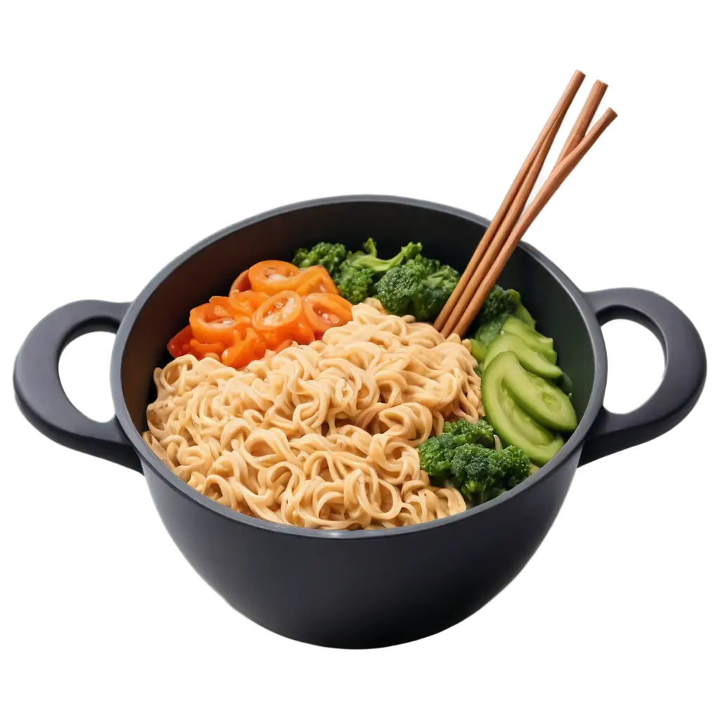 HighQuality-PNG-Image-of-Noodles-in-Black-Bowl-with-Vegetables-and-Steam-from-Top-View