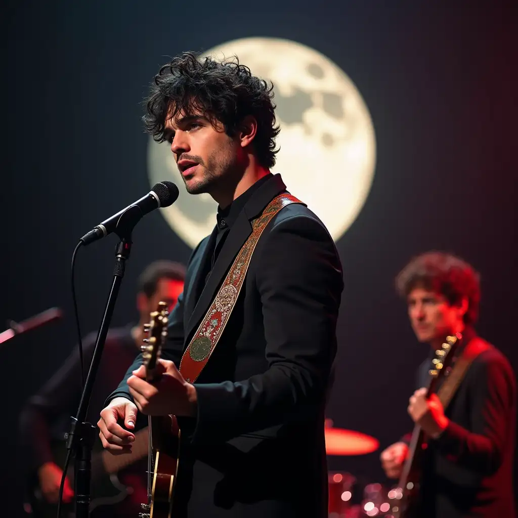 A sexy man on a stage with his music group (bassist, guitar and drums), very handsome at about 27 years old, with black hair and green eyes holding a microphone in his hand singing and the moon in the background