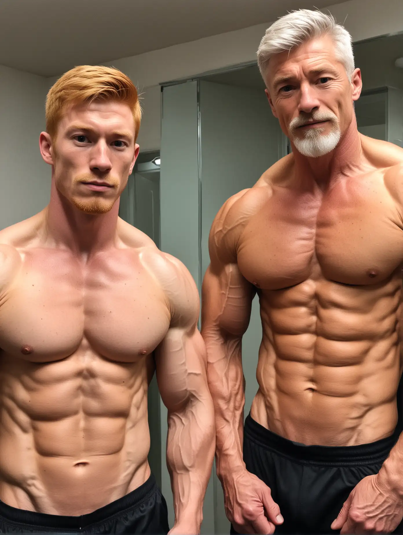 20yo Ginger Irish male bodybuilder flexing in mirror next to 50yo Japanese male coach with gray hair