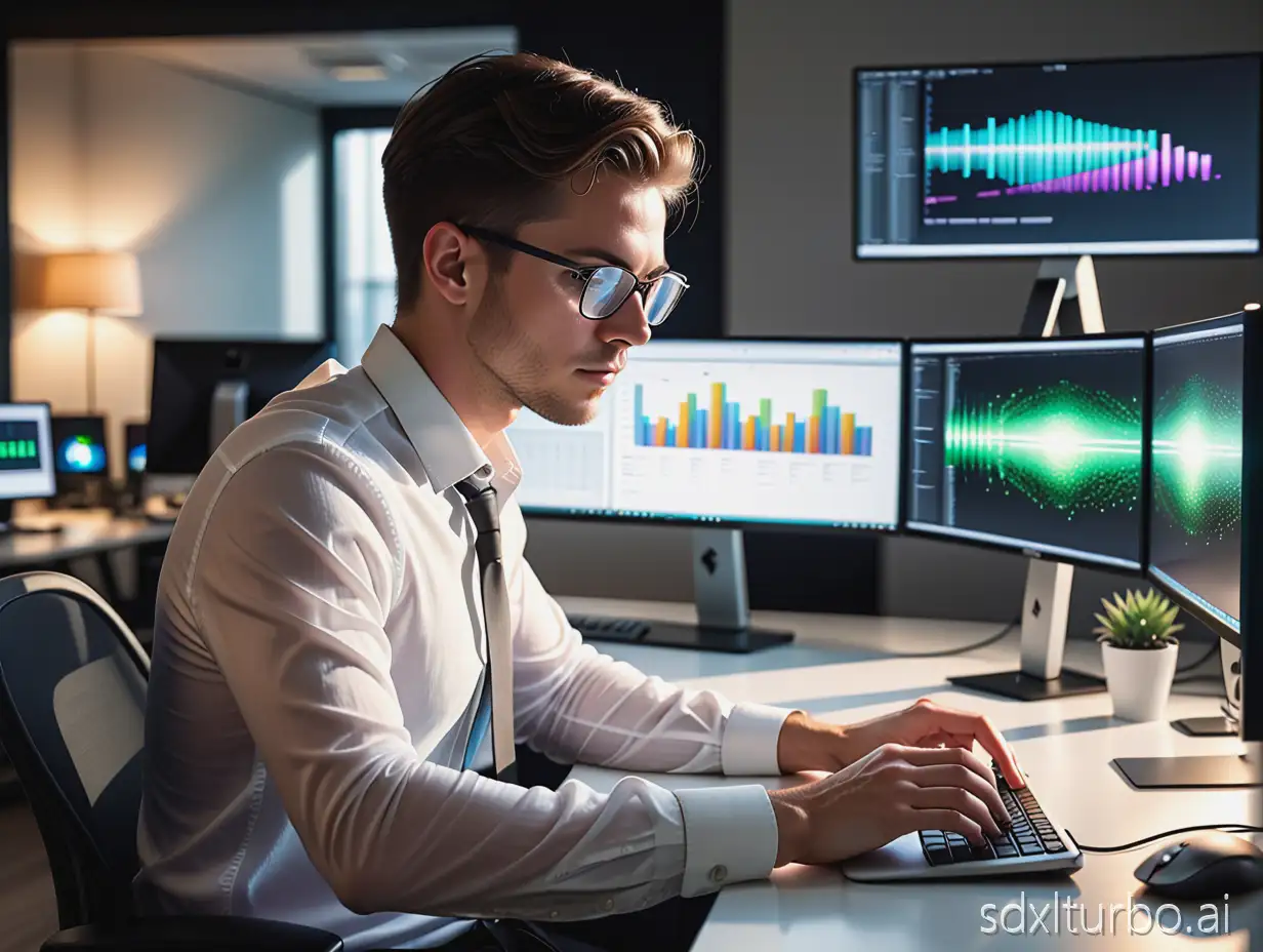 A hyperrealistic, cinematic photograph of a focused individual working at a modern computer workstation in a brightly lit, minimalist office. The person, illuminated by the soft glow of the monitor, has a determined expression. Visible details include a sleek laptop, multiple monitors displaying code and data, ergonomic keyboard and mouse, and organized desk. The background subtly features blurred office elements like plants, framed artwork, and other professionals working in the distance, all contributing to a sense of productivity and modern technology.