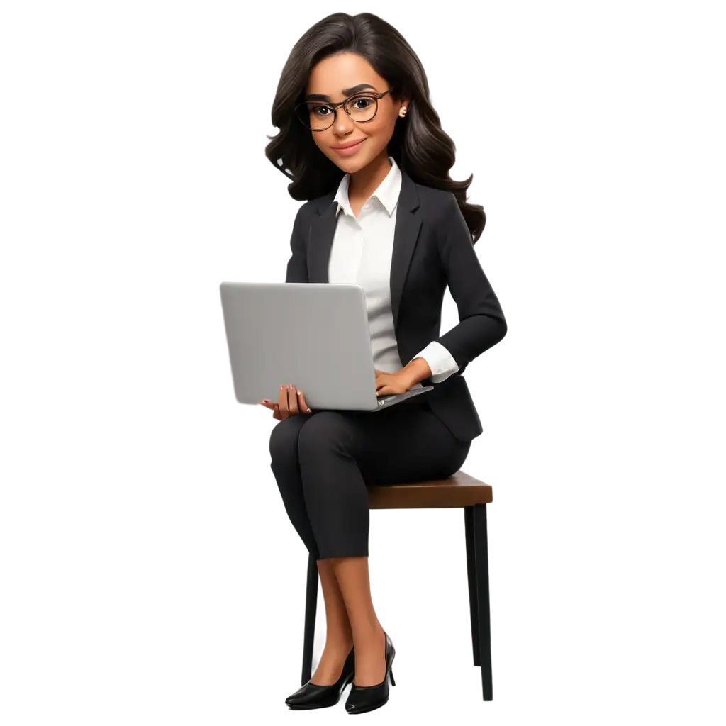 Caricature-PNG-of-a-Young-Female-Executive-Opening-Her-Laptop-at-a-Desk