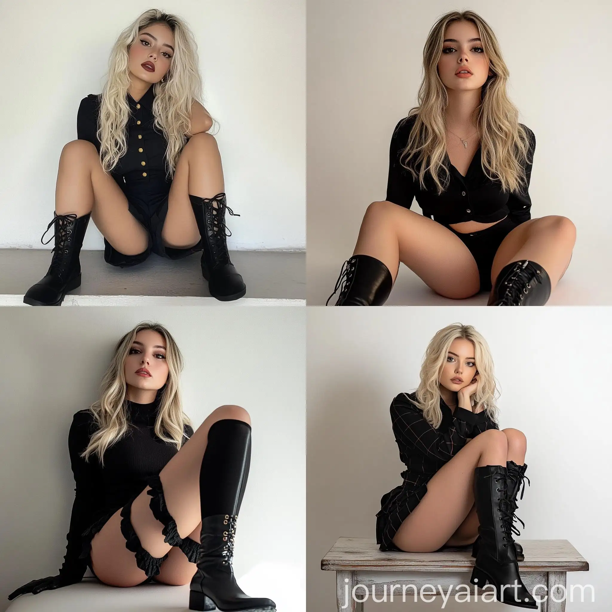 Brazilian-School-Woman-in-Black-Uniform-with-Makeup-Full-Body-Portrait-on-White-Background