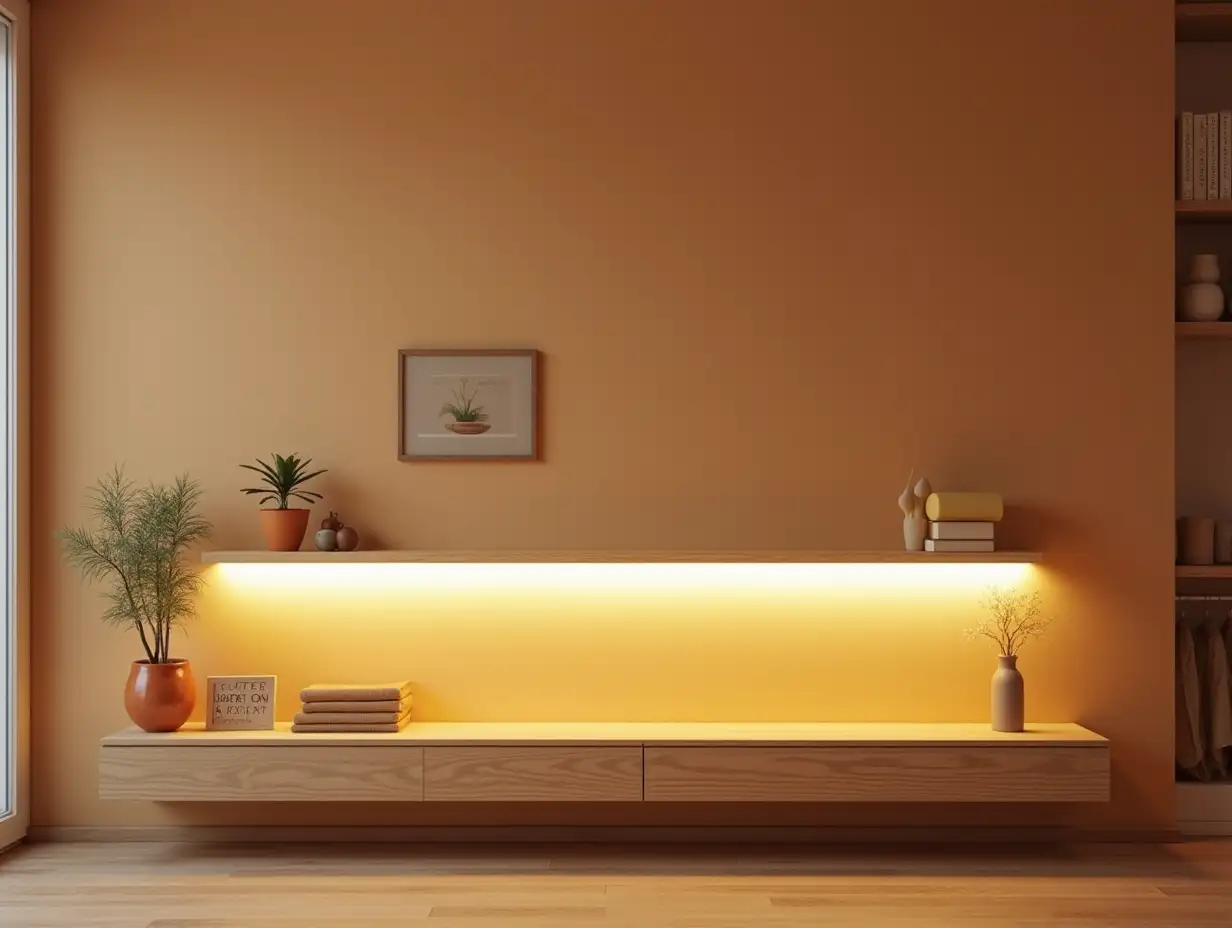 warm living room interior, wall with hanging shelf, white led strip under shelf